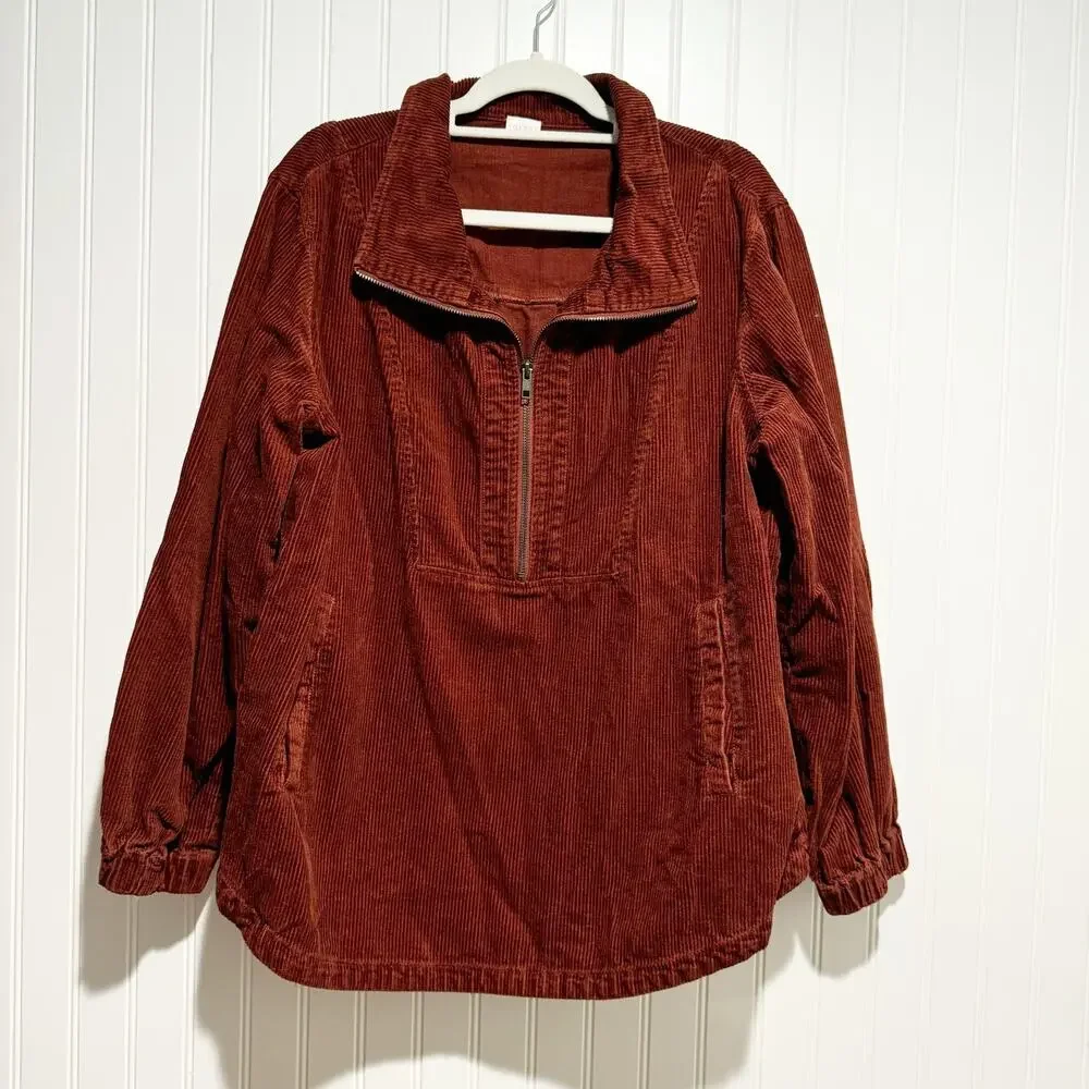 Poetry Half Zip Pullover Jacket Corduroy Rust Lagenlook Hemp Cotton Yak Size 12
